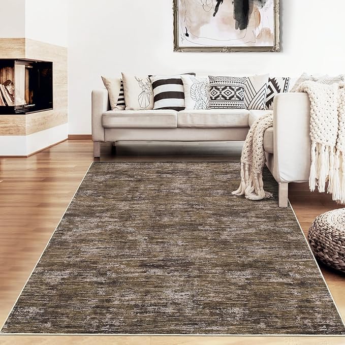 4x6 Area Rug, Machine Washable for Living Room, Solid Bedroom Rug, Non-Slip Low Pile Large Dining Room Carpet, Contemporary for Entryway Home Decor, Brown