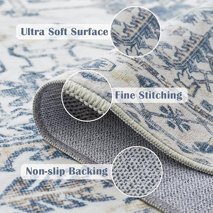 jinchan Hallway Runner Rug 3x10 Washable - Vintage Floral Non Slip Low-Pile Soft Ultra-Thin Faux Wool Kitchen Rug Distressed Carpet Runner for Farmhouse Bedroom Laundry (3x10ft,Blue)