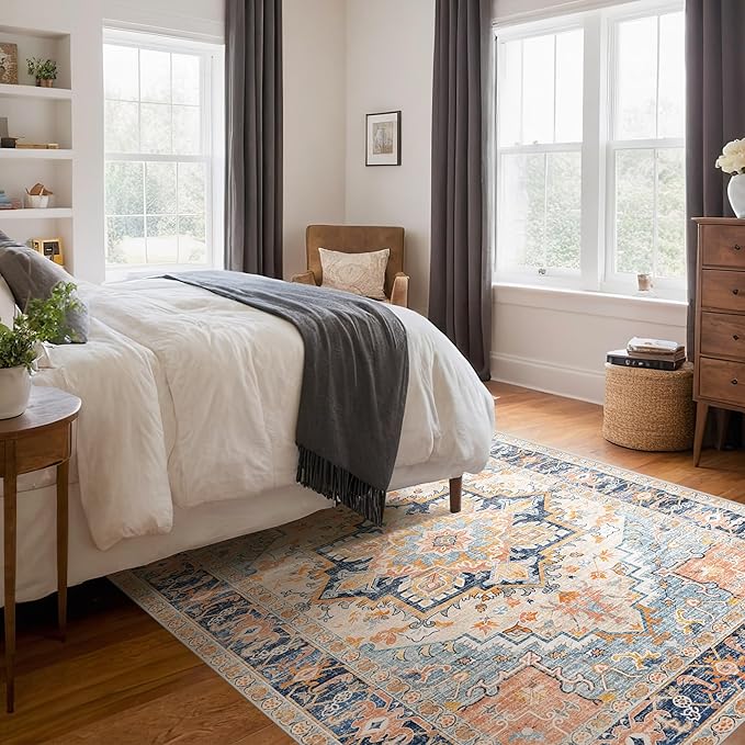 Washable Area Rugs 9x12 Living Room Boho Non Slip Thin Carpet Stain Resistant Vintage Multicolor Printed Oriental Foldable Distressed Rug for Bedroom Indoor House