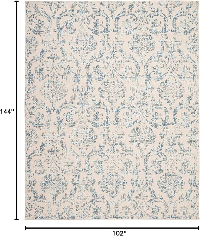 Nourison Jubilant Damask Ivory/Blue 8'6" x 12' Area Rug, Easy Clean, Non Shedding, Bedroom, Living Room, Dining Room, Kitchen