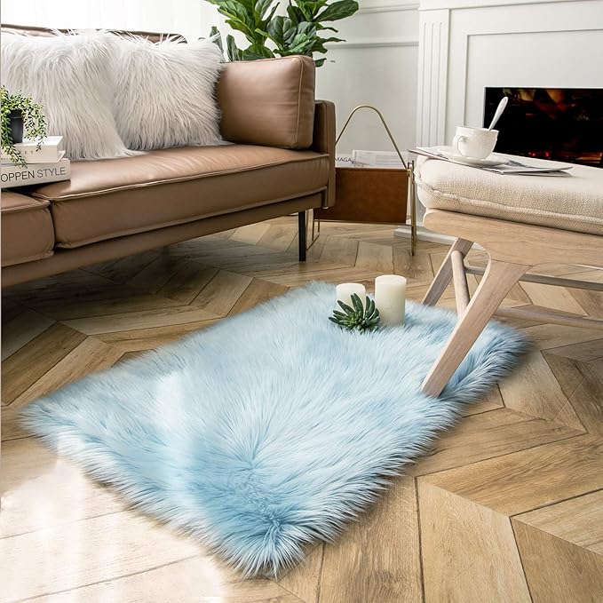 Ashler Fluffy Shaggy Faux Fur Rug - Ultra Soft Light Blue Fuzzy Machine Washable 2 x 2.9 Feet Rectangle Rug for Bedroom, Kids Room, Living Room & Nursery Decor