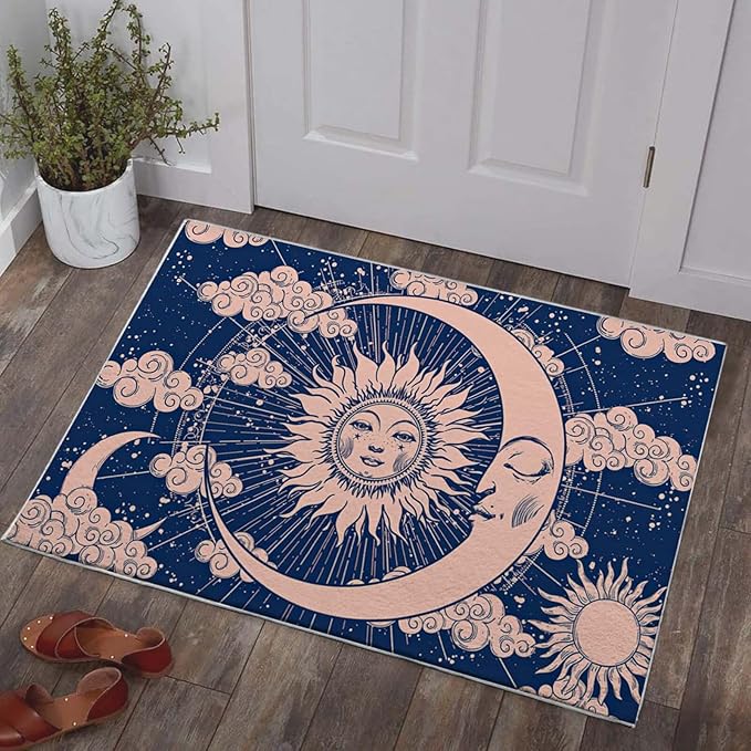 2x3 Entryway Rug Hippie Tarot Celestial Sun and Moon Navy Blue Area Rug Ultra-Thin Soft Small Carpet Bathroom Non Slip Indoor Entrance Low Pile Door Mat Kitchen Stain Resistant Washable Machine