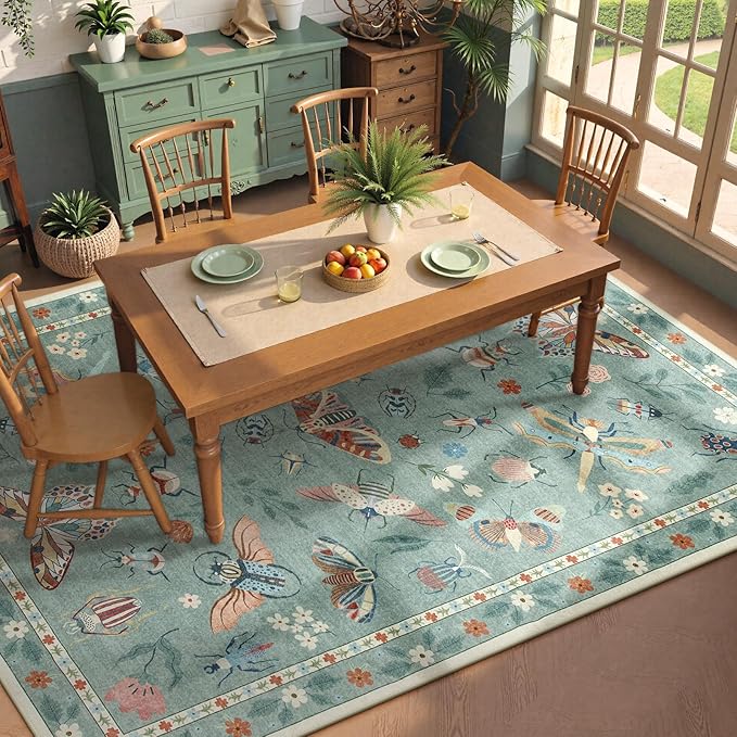 Beeiva Insect Print Rug 8x10, Non Slip Washable Living Room Area Rugs, Soft Low Pile Ultra Thin Dining Room Rug Stain Resistant Large Carpet for Office, Bedroom, Kids Room, Playroom - Light Green