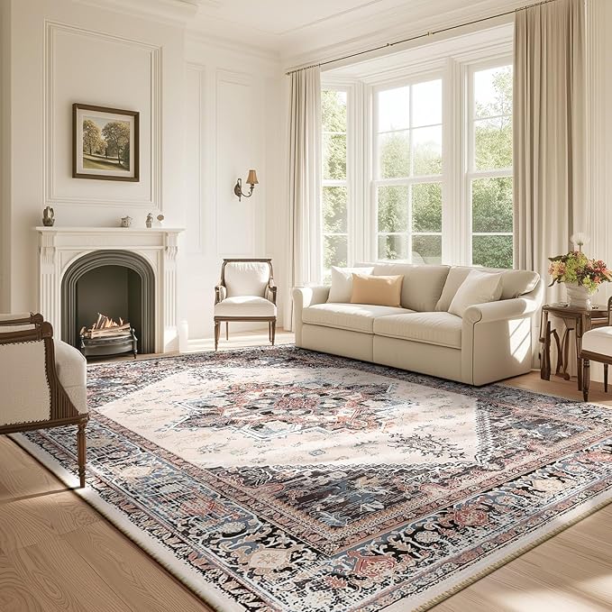 BESTSWEETIE 8x10 Area Rugs for Living Room Washable Non Slip Carpet Low Pile Soft Vintage Print Pattern Rug for Bedroom Dining Room Kitchen Entryway Indoor-Khaki/Beige/Purple/Black/Brick