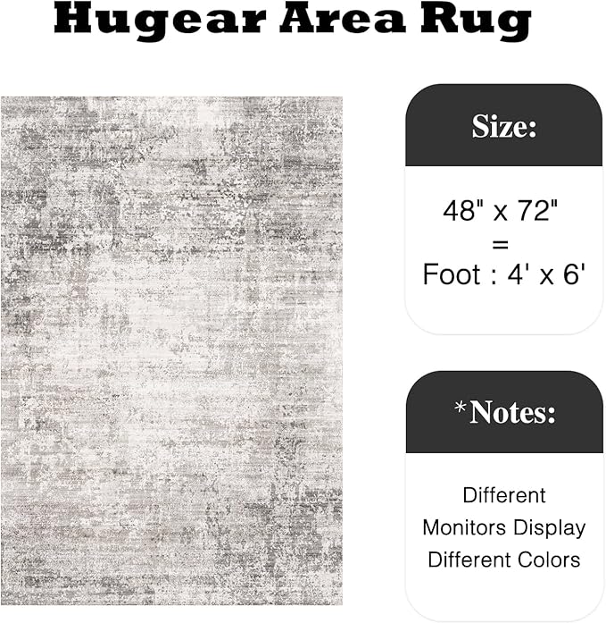 4x6 Washable Rugs Hallway Area Rug Grey Living Room Indoor Accent Rug Abstract Low Pile Carpet Distressed Throw Rug for Bedroom Office Dining Room Kitchen Laundry Room Non Slip