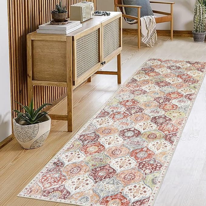 Lahome Moroccan Hallway Rug, 2'5''x8' Kitchen Runner Rugs Non Skid Washable Runners for Hallways, Ultra-Thin Oriental Carpet for Entryway Laundry Room Bedroom Bathroom, Orange/Terracotta