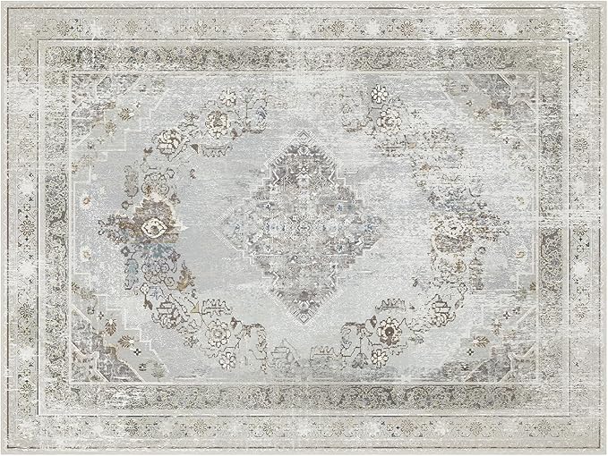 Phantoscope Vintage Collection Area Rug - 9'x12' Large Living Room Accent Rug - Washable, Non-Slip for Bedroom & Dining Room, Low-Pile Distressed Floor Carpet, Grey/Dull Teal