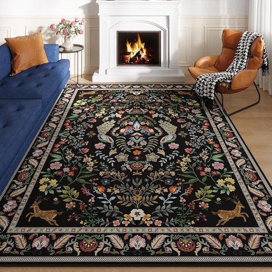 9x12 Area Rugs for Living Room Washable Rug Floral Non-Slip Large Rug for Living Room, Bedroom, Farmhouse, Dining Room, Kids Playroom (Vibrant Black)