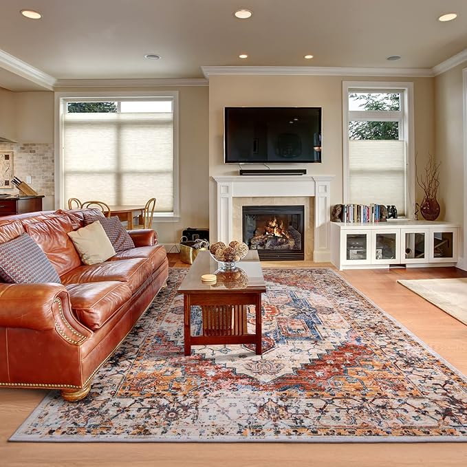 YJ.GWL Area Rug for Living Room, 3x5 Machine Washable Boho Rug for Bedroom, Low Pile Lightweight Thin Rugs Floral Vintage Distress Print Pattern Carpet for Dining Room Kitchen, Orange