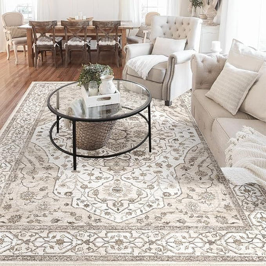 8'x10' Machine Washable Vintage Design Area Rug - Non Slip, Stain Resistant for Home, Office, Machine Washable Area Rugs 8x10 for Living Room (Beige Cream 8x10)