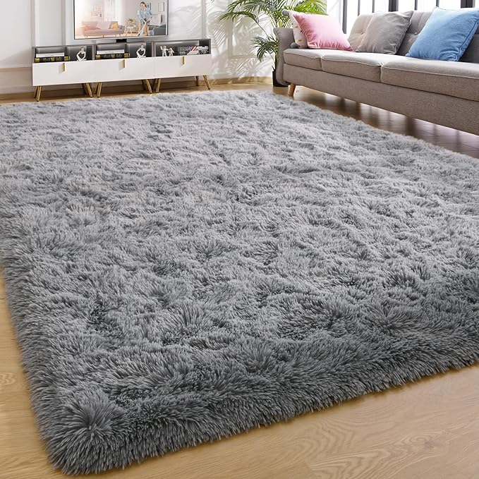 YJ.GWL Area Rugs for Living Room Bedroom, 5x8 Machine Washable Large Grey Carpet, Soft Fluffy Shaggy Thick Big Shag Indoor Floor Rug for Kids Boy and Girls Room Dorm Home Decor Aesthetic