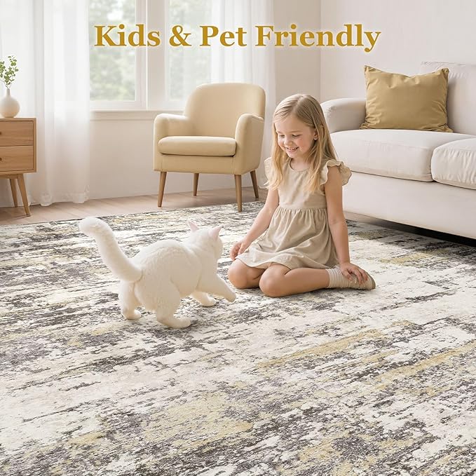 Area Rugs for Living Room: 5x7 Abstract Washable Rug Modern Neutral Large Soft Stain Resistant Non-Slip Backing Machine Table for Bedroom Dining Room Indoor Home Office Carpet - Gold Brown