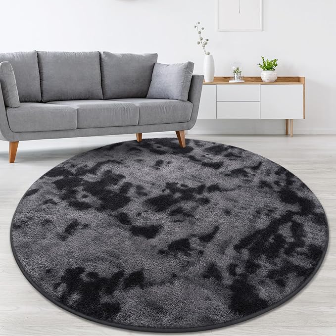 Lascpt Round Rug for Bedroom 6x6, Tie-Dyed Deep Grey Circle Rug for Living Room Super Soft Thicken Memory Foam Circular Rug, Indoor Area Rug for Modern Home Decor, Round Carpet for Nursery Kid's Room