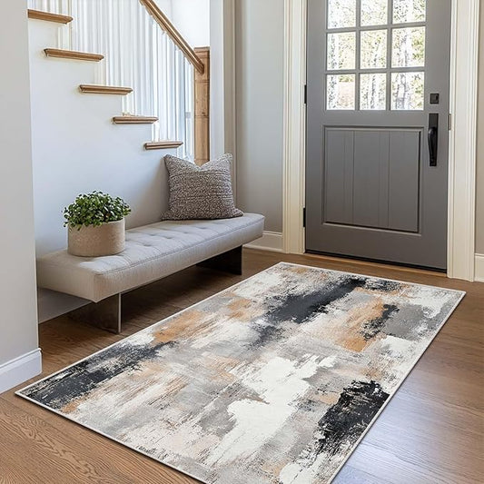 3x5 Area Rug Machine Washable Entryway Rugs Modern Abstract Black White Grey Rug Non-Slip Low Pile Door Mat Entrance Small Carpet for Home Kitchen Bathroom Bedroom