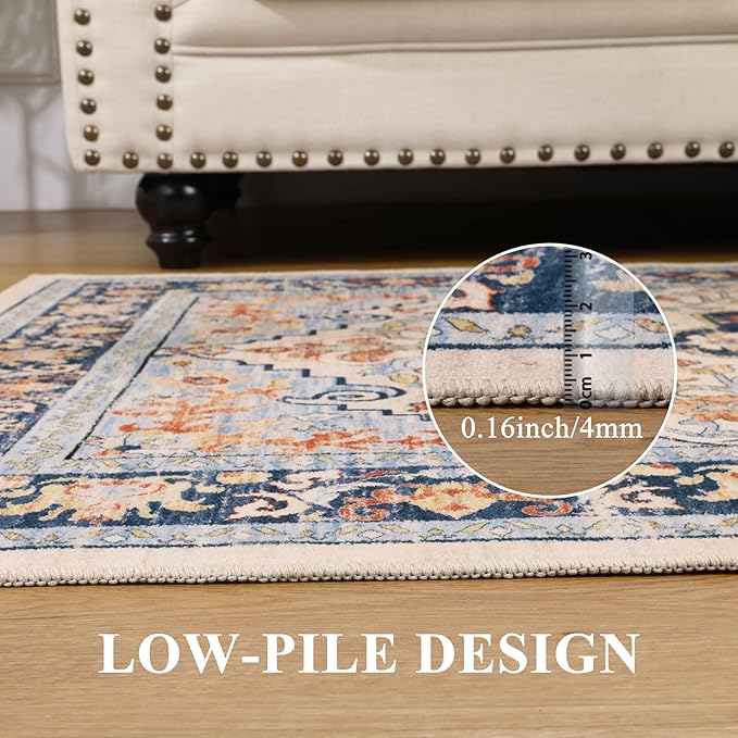 U'Artlines Boho Vintage Area Rug 3x5 Machine Washable Low Pile Soft Floor Carpet Non Slip Non Shedding Accent Rug for Living Room Bedroom Entryway Dining Room Office Orange Blue