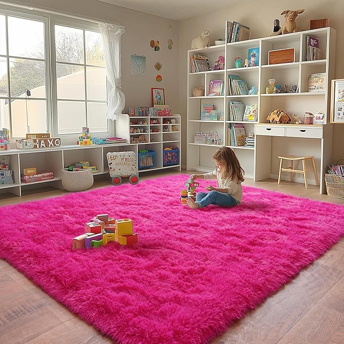 Shaggy 5x7 Area Rug, Shag Hot Pink Rug-Fuzzy Rugs for Living Room, Kids Boys Living Bedroom Decor - Modern High Pile Non Slip Area Rug