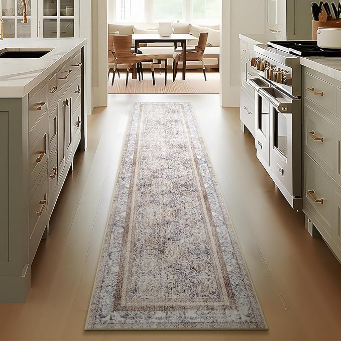 Phantoscope Hallway Runner Rug 2'x10' - Boho Washable Non-Slip Kitchen Rug Runner, Ultra-Thin Vintage Distressed Accent Throw Rug for Entryway Laundry Bathroom Bedroom, Light Brown