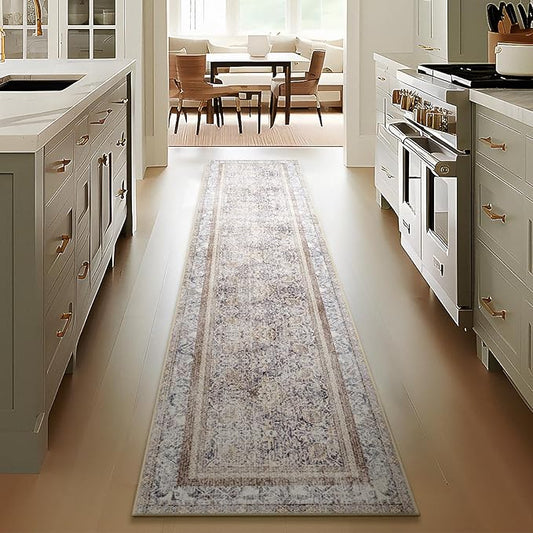 Phantoscope Hallway Runner Rug 2'x10' - Boho Washable Non-Slip Kitchen Rug Runner, Ultra-Thin Vintage Distressed Accent Throw Rug for Entryway Laundry Bathroom Bedroom, Light Brown