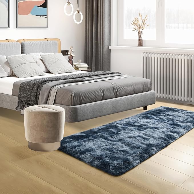 Tepook Fluffy Runner Rugs for Bedroom Aesthetic 2x6 Feet, Shag Soft Bedside Rug with Non-Slip Bottom, Fuzzy Plush Carpet for Room, Hallway Rug for Nursery Dorm Indoor Home Decor, Tie-dye Dark Blue