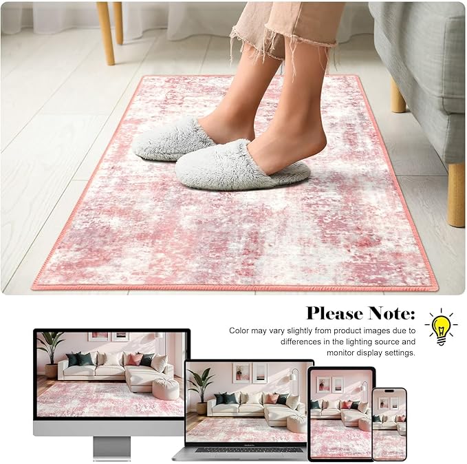 Washable Abstract Rug, 2x3 Small Modern Area Rugs with Non-Slip Rubber Backed for Kitchen, Thin but Soft Throw Carpet Bedroom Entryway Front Door Decor, Pink