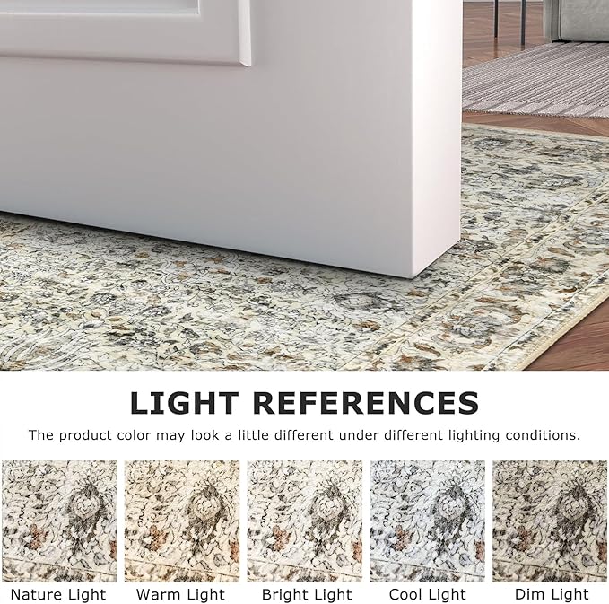 Runner Rug 2x6 Kitchen Runner Rugs Printed Vintage Floral Washable Runner Non-Slip Low Pile Hallway Runners Distressed Boho Rugs for Bedroom Laundry Room Doorway Entryway, Beige Yellow