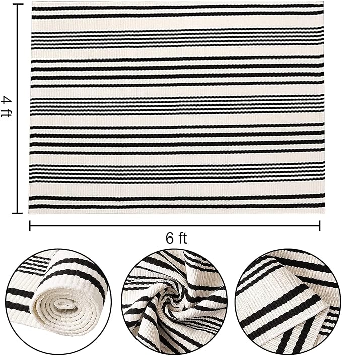BUAGETUP Black and White Striped Outdoor Patio Rug 4' x 6',Hand Woven Cotton Patio Rug Front Porch Rug Indoor Outdoor Area Rug for Bedroom/Living/Room/Patio