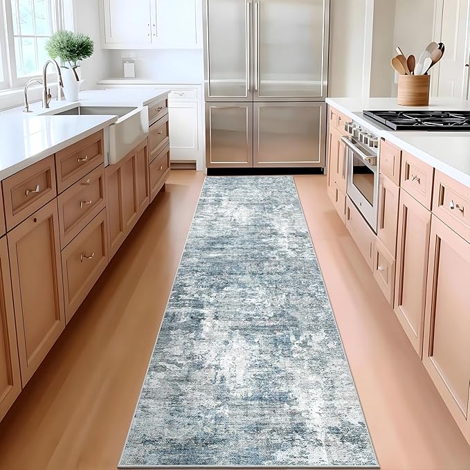 Runner Rug 2'x10' Abstract Washable Non-Slip Runner Rugs for Kitchen Bathroom Laundry Room Blue Vintage Floor Carpet Runners for Hallway Entryway