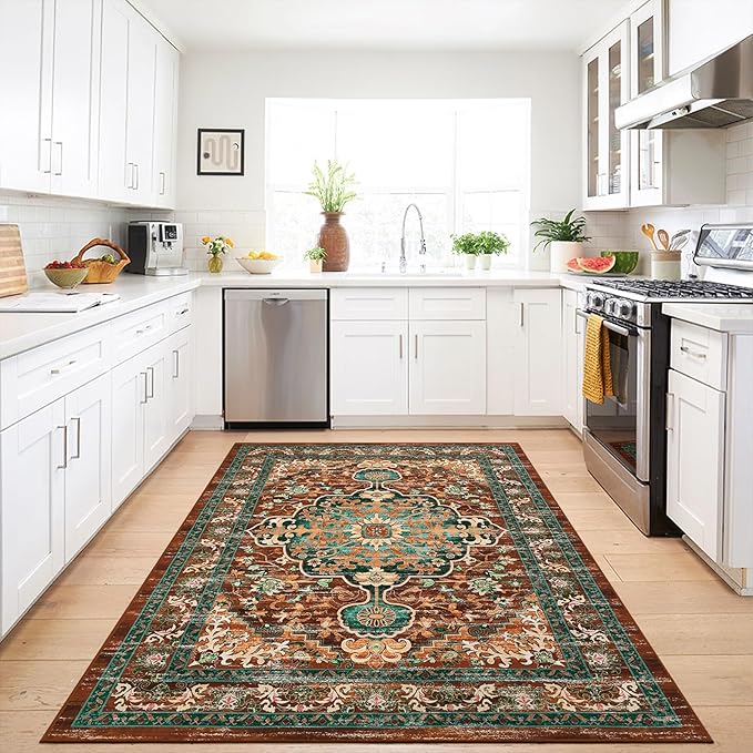 U'Artlines Boho Vintage Area Rug 3x5 Machine Washable Low Pile Ultra-Thin Soft Floor Carpet Non Slip Non Shedding Accent Rug for Living Room Bedroom Entryway Dining Room Office Rust＆Teal