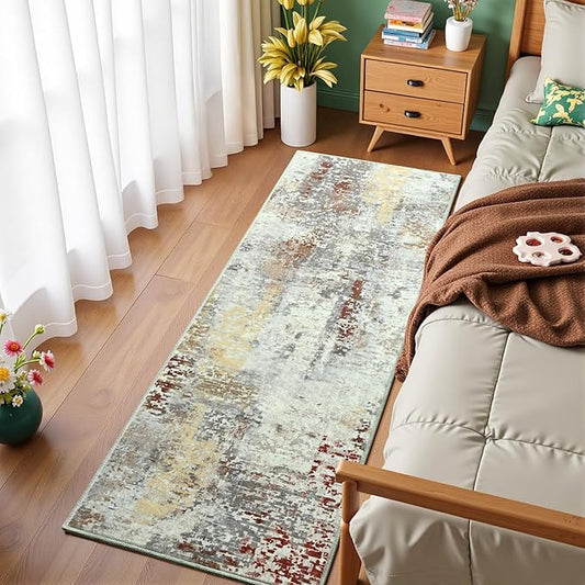 Washable Runner Rug for Bedroom, Abstract Non-Slip Soft Entryway Rugs, Tan Modern Low Pile Stain Resistant 2x6 Carpet for Entryway, Kitchen, Hallway, Bedside