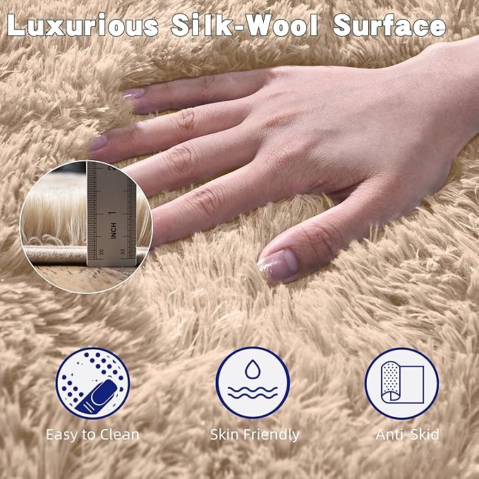 Beige Fluffy Rug for Bedroom 3x5 ft Small Rug - Ultra Soft & Non Slip Shaggy Area Rug, Comfy Durable Carpet for Living Room Kids Room Teens Dorm Home Decor, 1.7'' Thick Indoor Plush Carpets