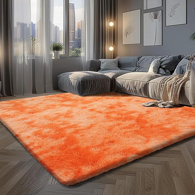 Mottling Orange Fluffy Rug Shaggy Area Rug, 9x12 Area Rugs for Girls Bedroom, Big Soft Shaggy Bedside Non-Slip Plush Dorm Nursery Kids Carpet Home Decor Aesthetic