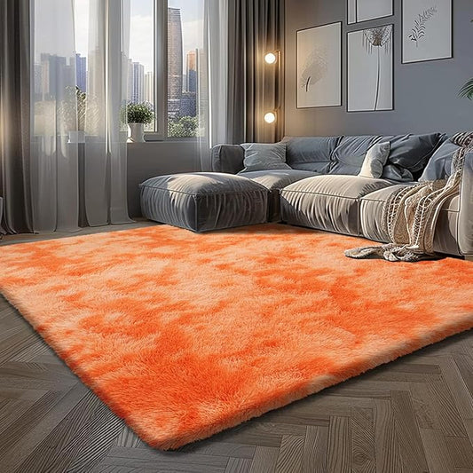 Mottling Orange Fluffy Rug Shaggy Area Rug, 9x12 Area Rugs for Girls Bedroom, Big Soft Shaggy Bedside Non-Slip Plush Dorm Nursery Kids Carpet Home Decor Aesthetic