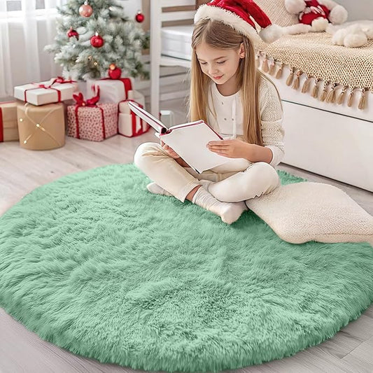 OLANLY Mint Green Round Rugs for Bedroom - Machine Washable, 4x4 Feet Circle Area Rugs for Living Room, Soft and Fluffy Shaggy Carpet for Teen Girl and Boys, Dorms, Nursery Rooms, Home Decor Aesthetic