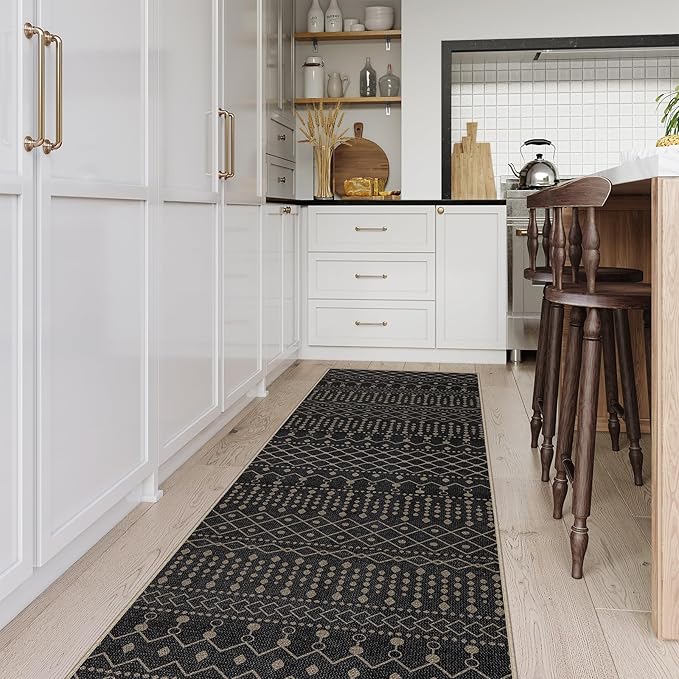Lahome Washable Long Rug Runners for Hallways Non Slip, 2'6"x8 Jute Black Kitchen Runners Rug with Rubber Backing, Farmhouse Indoor Outdoor Runner Rugs, Moroccan Modern Carpet Runner for Entry Bedroom