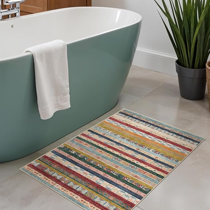 2x3 Washable Moroccan Area Rug: Geometric Boho Area Rugs for Entryway Small Mat for Kitchen with Non-Slip Backing Indoor Bedroom Door Mat Red&Blue Colourful 2'x3'.