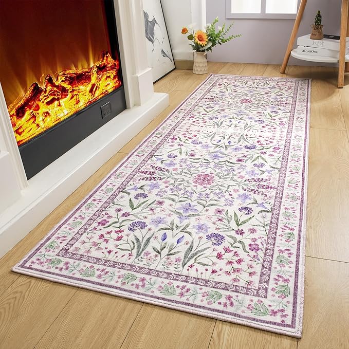 Amearea Purple Runner Rugs for Hallway, 2x6 Feet Area Rugs for Bedroom Girls, Washable Floral Collection Bedside Rugs Low Pile Print Carpet, Kids Room Entrance Kitchen Living Room Decor