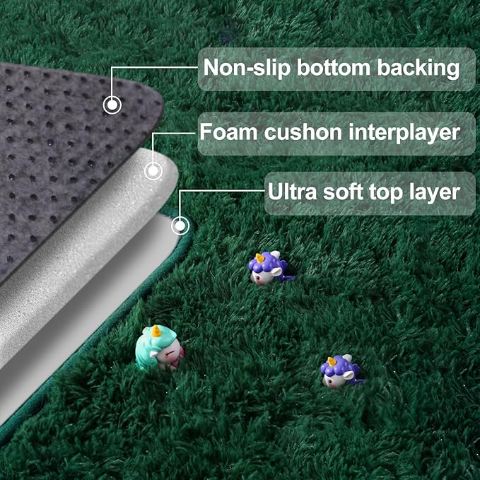 2x3 Rug for Bedroom, Fluffy Area Rugs for Living Room, Small Soft Shag Fuzzy Shaggy Carpets for Kids Boys and Girls Dorm with 4 Non-Slip Rug Tapes for Room Home Decor (2ft x 3ft, Dark Green)