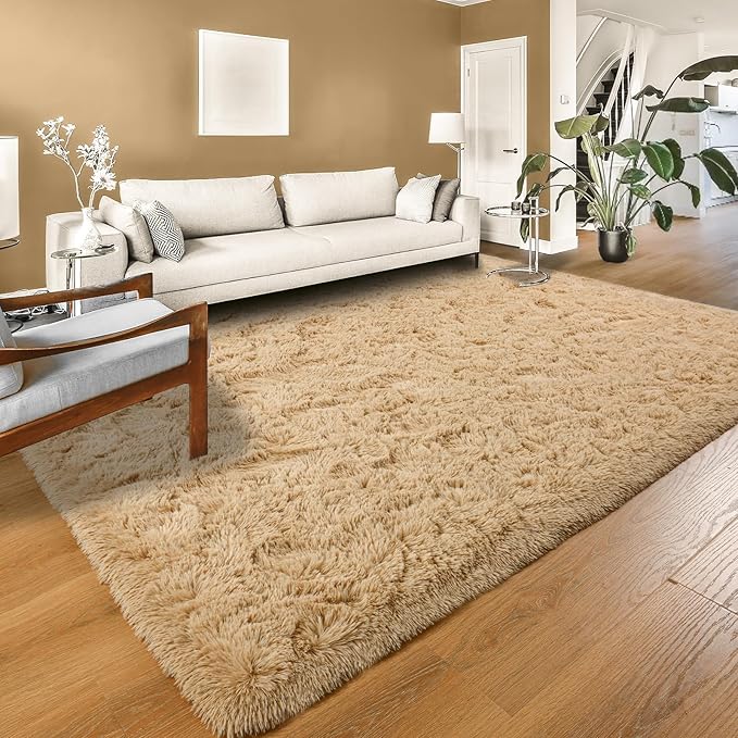 YJ.GWL Area Rugs for Living Room Bedroom, 8x10 Machine Washable Large Beige Carpet, Soft Fluffy Shaggy Thick Big Shag Indoor Floor Rug for Kids Boy and Girls Room Dorm Home Decor Aesthetic
