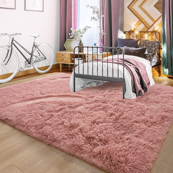 YJ.GWL Area Rugs for Living Room Bedroom, 9x12 Machine Washable Large Dirt Pink Carpet, Soft Fluffy Shaggy Thick Big Shag Indoor Floor Rug for Kids Boy and Girls Room Dorm Home Decor Aesthetic