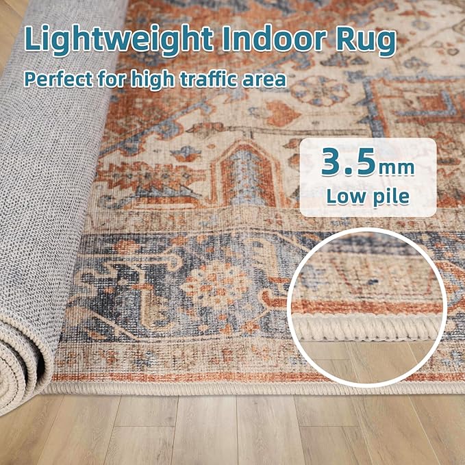 Dripex 4x6 Area Rugs, Machine Washable Non Slip Boho Rugs,Distressed Bedroom Rug, No Pile Lightweight Vintage Rug, Floor Carpet for Living Room,Dining Room and Office,Orange