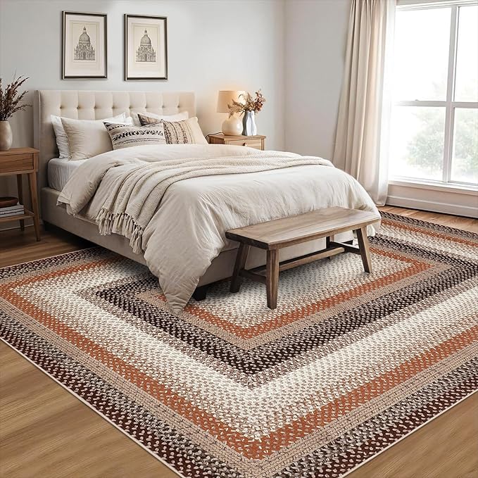 Imitation Braided Collection-Print Large Washable Area Rug 8x10 Living Room Rug Non-Slip Soft Contemporary Bordered Accent Carpet, Farmhouse Low Pile Floor Mat for Bedroom, Dining Room