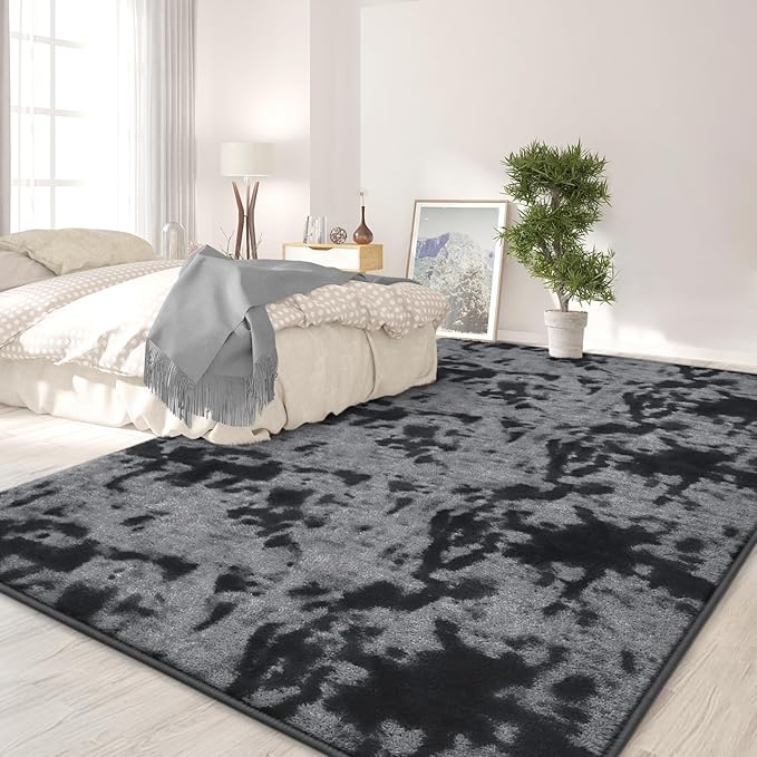 FlyDOIT Large Area Rugs for Living Room Bedroom, 6x9 Ft Tie-Dyed Dark Grey Ultra Soft Comfy Thickened Memory-Foam Indoor Carpets, Cozy Modern Floor Rug for Boys Girls Playroom Dorm Nursery Home Décor