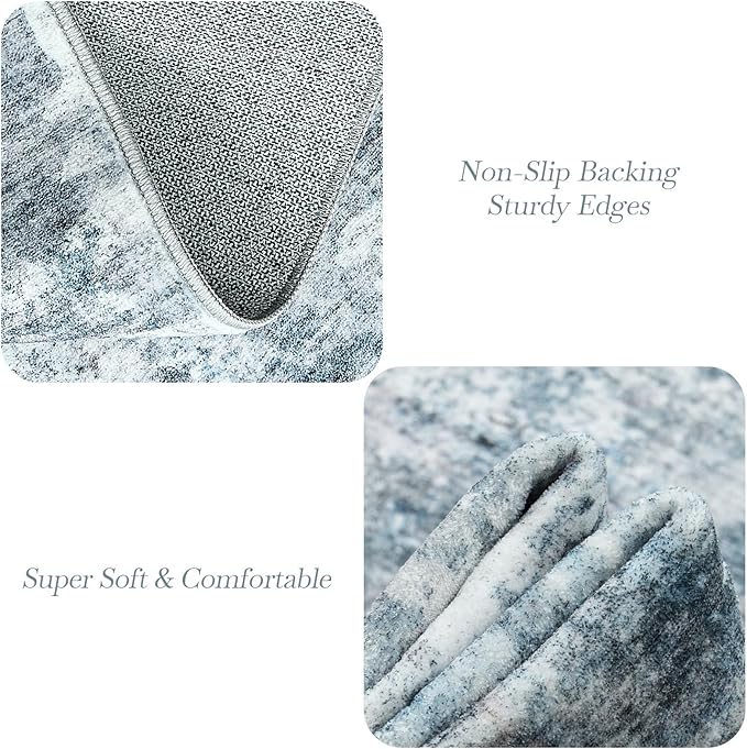 Washable Runner Rug, 2'6" x 8' Non-Slip Kitchen Vintage Foldable Hallway Runners for Entryway, Laundry, Bedroom, Blue