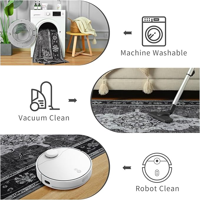 Vasofe 4x6 Area Rugs for Living Room, Machine Washable Low-Pile Carpet Rug for Bedroom, Vintage Floral Print Indoor Floor Rug for Dining Room Office Nursery Dorm Kids Room Bedside Decor, Black/Grey