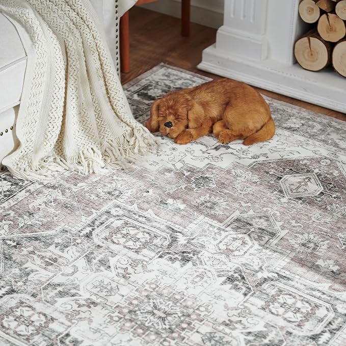 jinchan Area Rug 4x6 Entryway Washable Rug Soft Thin Vintage Low Pile Non Slip Distressed Carpet Indoor Doormat Oriental Medallion Rug for Bedside Bathroom Bedroom Laundry Room Dining Room Grey Multi