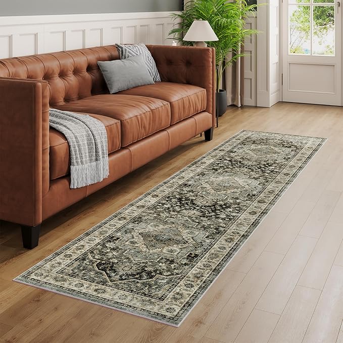 Dripex 2x8 Runner Rug, Machine Washable Non Slip Area Rug,Boho Kitchen Runner Rug, 0.24" Low Pile Vintage Rug, Floor Carpet for Entryway, Hallway, Kitchen and Corridor,Dark Blue and Green