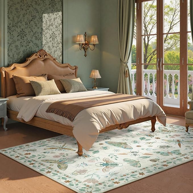 Beeiva Insect Print Rug 5x7, Washable Throw Rugs for Bedroom, Non Slip Soft Low Pile Ultra Thin Foldable Carpet for Office, Kids Room, Playroom, Nursery, Living Room - Beige