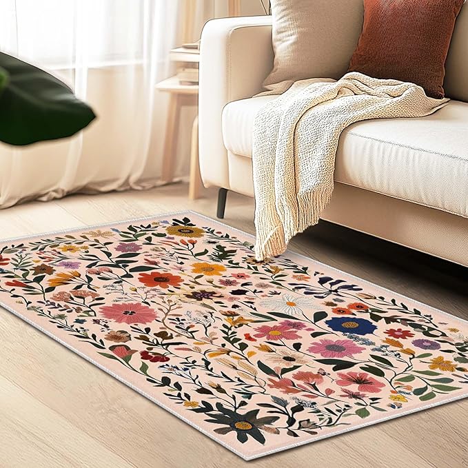 3x5 Entryway Rug Boho Floral Area Rug Bedroom Bedside Ultra-Thin Soft Small Carpet Bathroom Non Slip Indoor Entrance Low Pile Door Mat Kitchen Stain Resistant Washable Machine