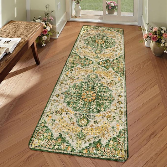 Lahome Bohemian 2x6 Washable Hallway Runner Rug, Kitchen Runner Rugs Non Skid Washable, Floral Medallion Soft Bathroom Carpet Runners for Laundry Room Bedroom Foyer Entryway, Yellow/Green/Multi