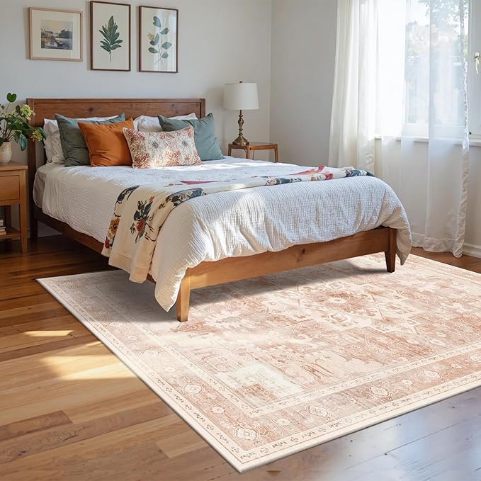 4x6 Washable Area Rug for Living Room, Vintage Boho Rugs for Office, Dining Room, Kids Room, Farmhouse, Durable Low Pile Non Slip Carpet for High Traffic Areas, Orange
